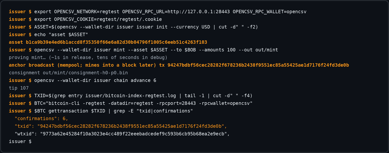Issuer initializes a USD asset and mints 100 to Bob; the anchor transaction is broadcast and confirmed on regtest