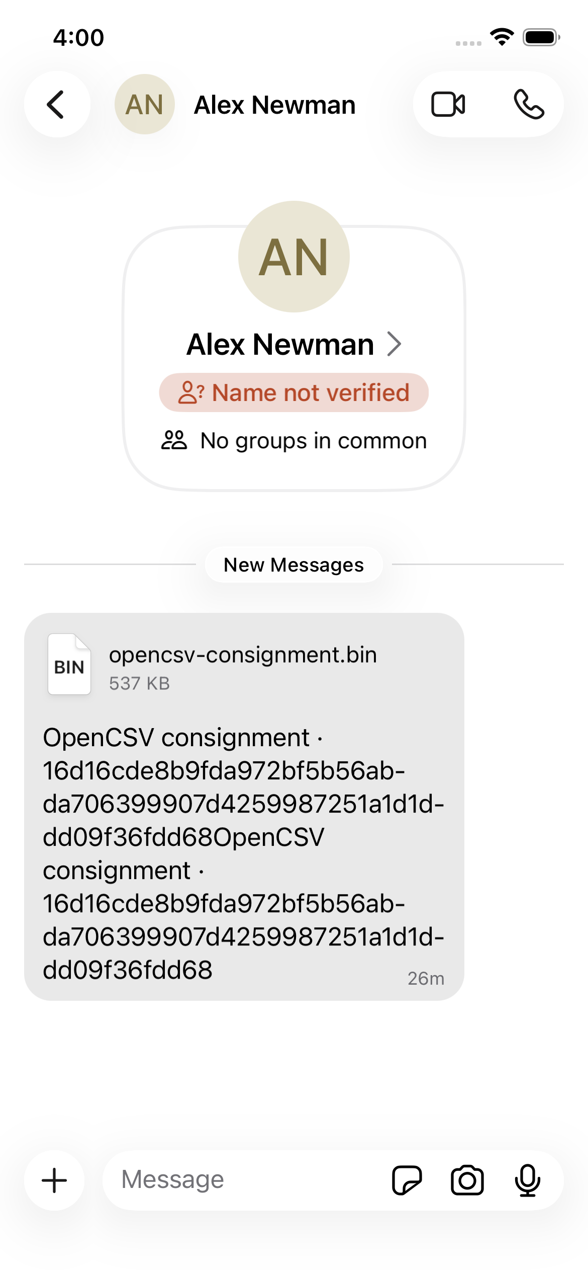 Registered Signal simulator conversation containing the live OpenCSV consignment attachment